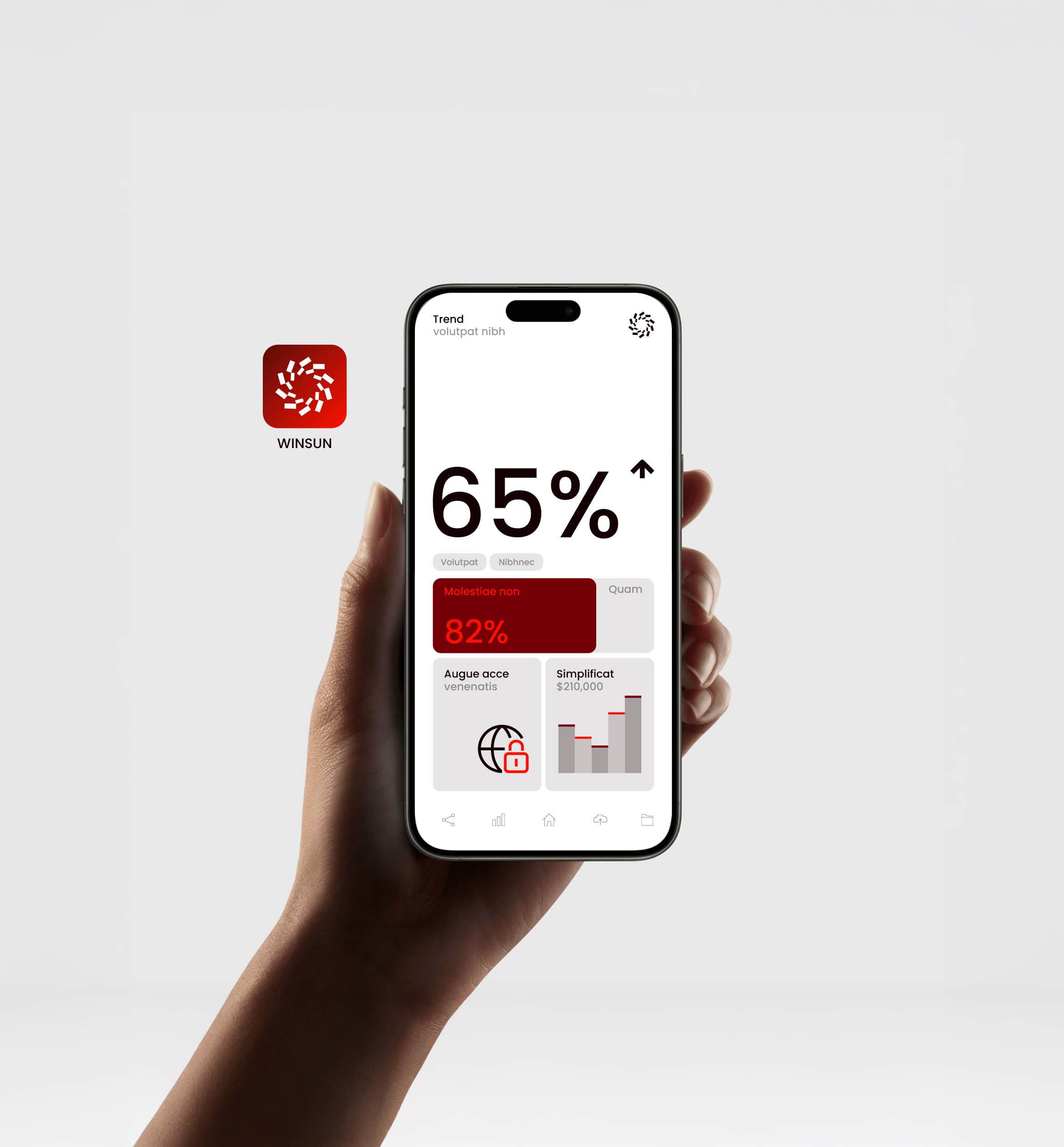 WINSUN app icon and data interface on a smartphone