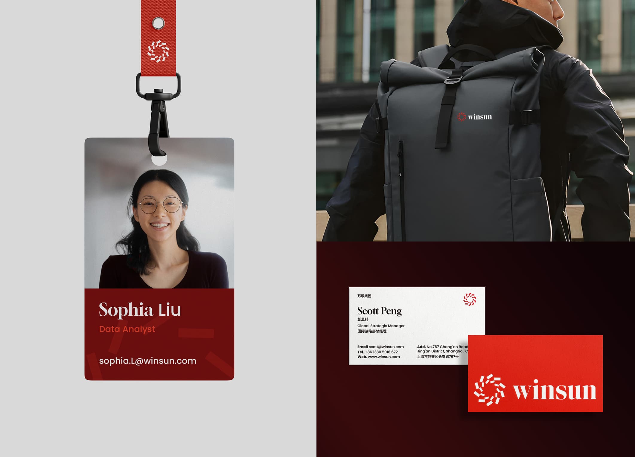 WINSUN employee badge, business card and backpack