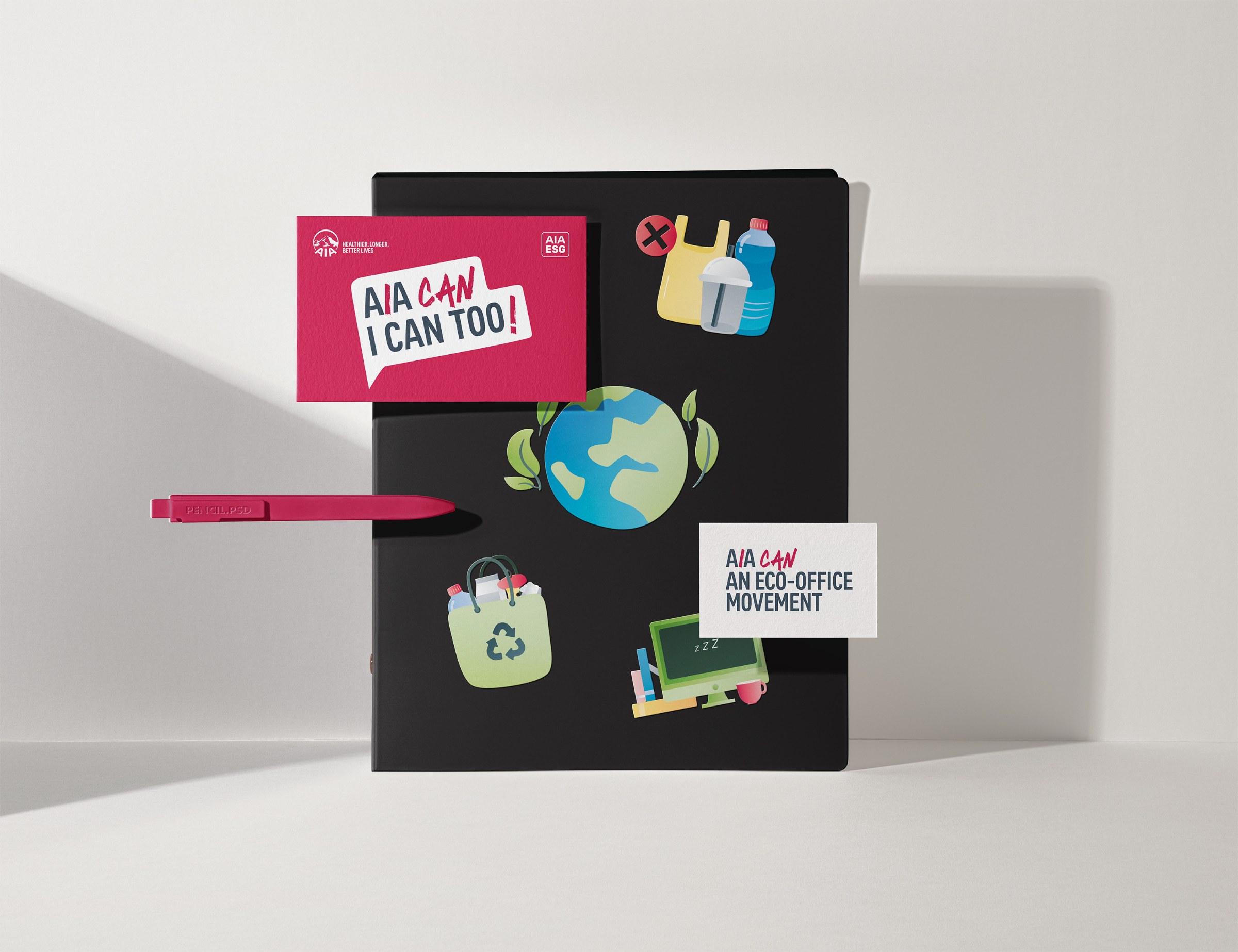 AIA CAN贴纸设计：贴在笔记本上的环保贴纸 | AIA CAN sticker design: eco stickers on a notebook
