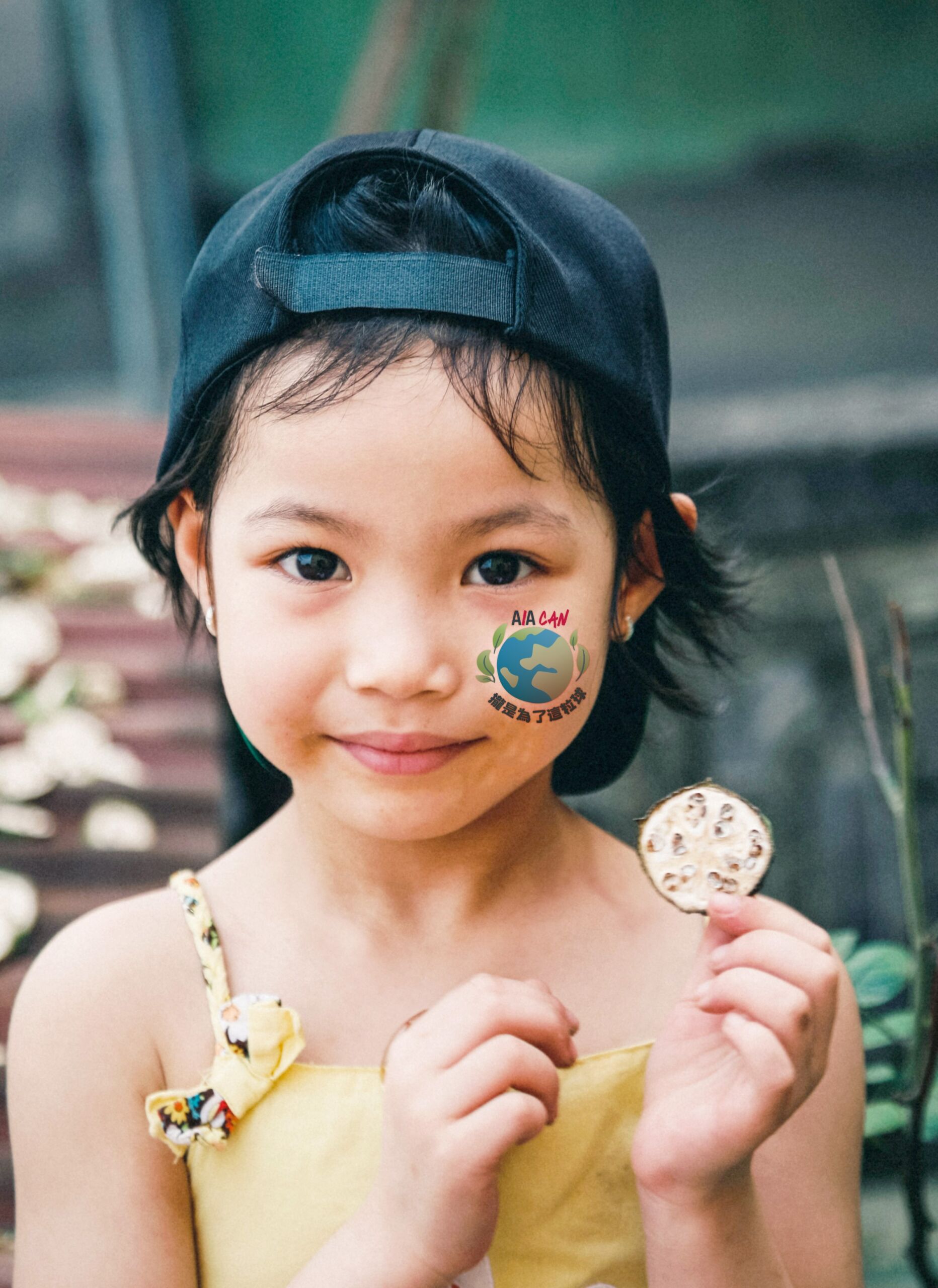 AIA CAN贴纸设计：脸颊贴着地球贴纸的孩子 | AIA CAN sticker design: child with an earth sticker on the cheek